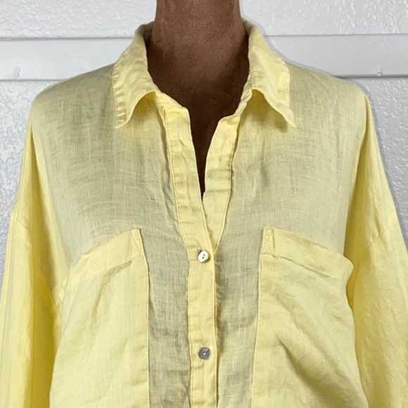 Magaschoni 100% Linen Button Down Tunic Top Yellow Roll-Tab Sleeves Women’s M - Picture 3 of 8